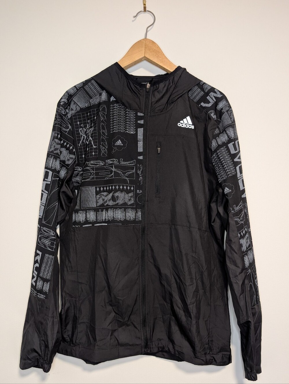 Adidas Running Black Windbreaker Jacket with Gray Graphic Accents
